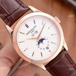 AAA Watch Replica Patek Philippe Perpetual Calendar Rose Gold Case with Brown Leather Strap Watch